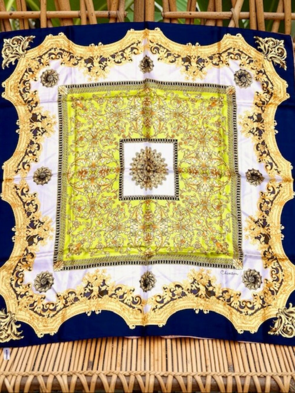 Soft Silk Scarf Chanson Similar to Hemes beige back green Gold Mint arts 35"(17 - Picture 2 of 10